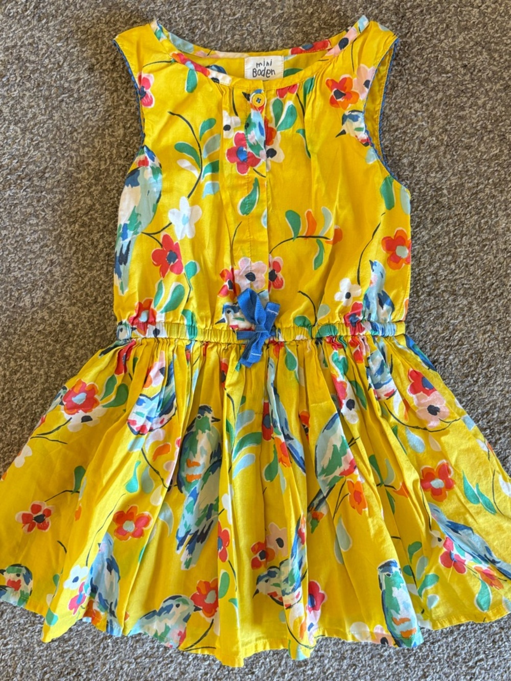 Mini Boden Yellow Floral & Bird Print Sleeveless Dress